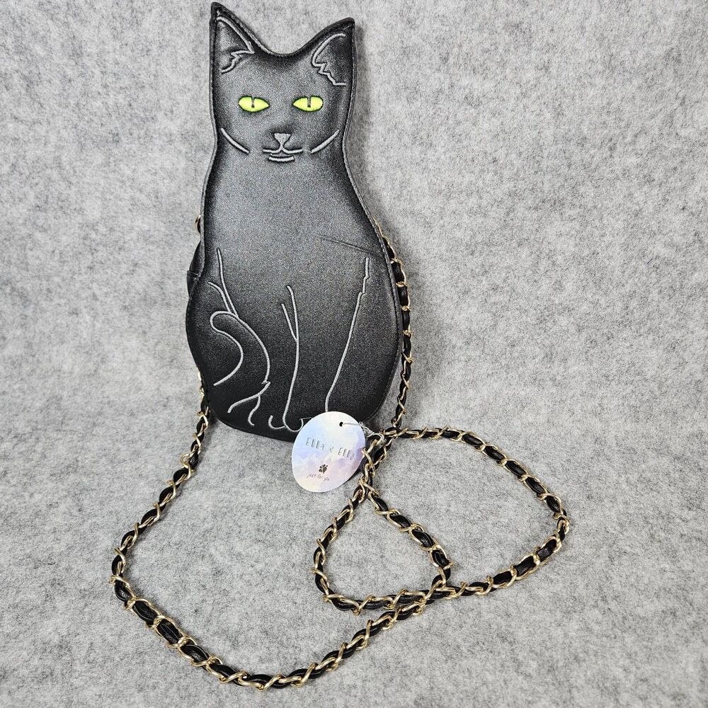 NWT Ella & Elly Black Cat Crossbody Black Gold Braided Chain Purse Bag